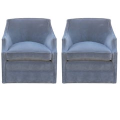 Pair of Modern Swivel Chairs in Grey Velvet in the Style of Baker Furniture
