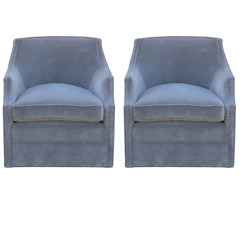 Pair of Modern Swivel Chairs in Grey Velvet in the Style of Baker