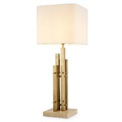 Pair of Modern Table Lamps, Vintage Brass Finish, Travertine Base.
