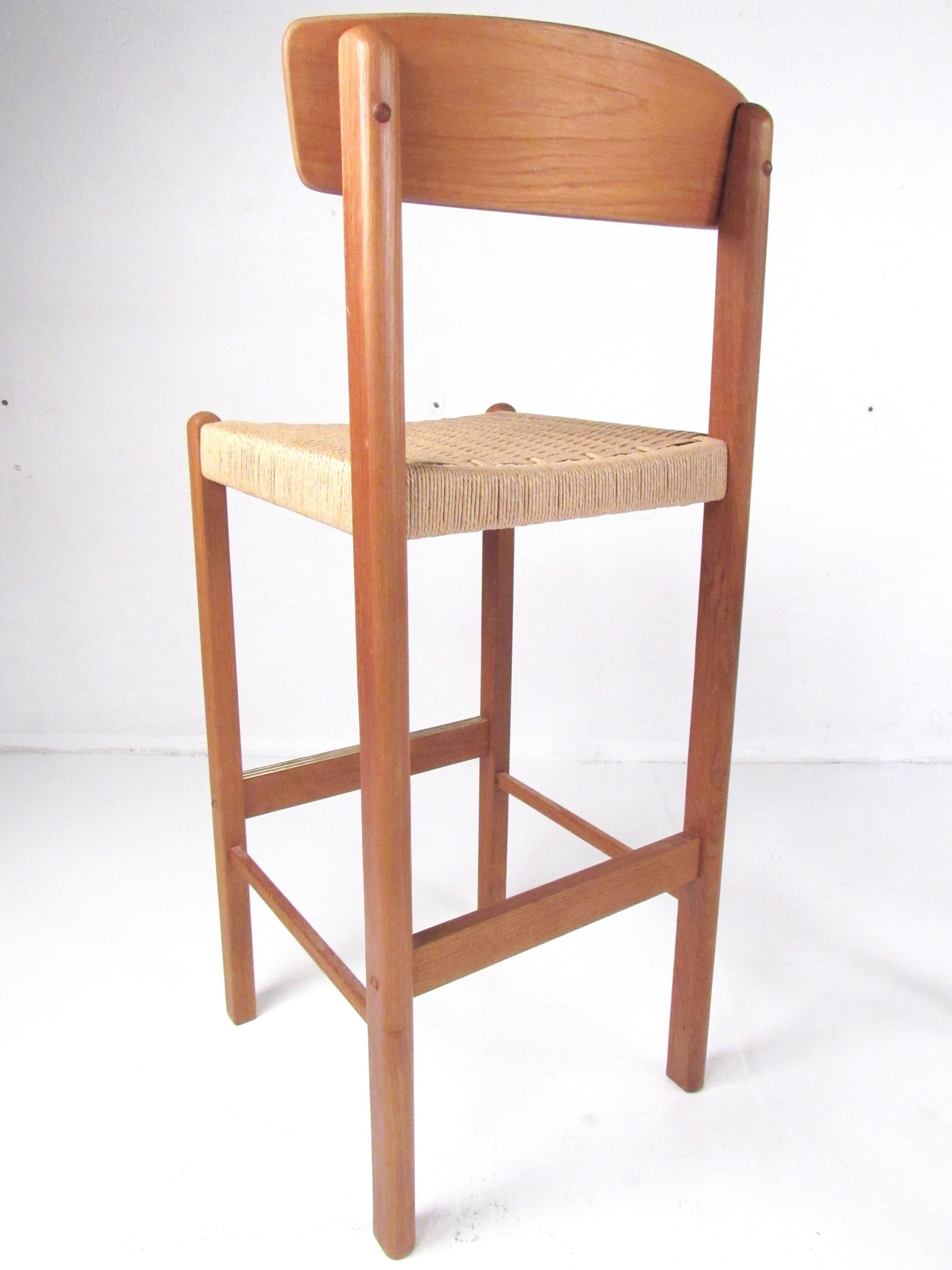 Pair of Modern Teak and Paper Cord Bar Stools 3