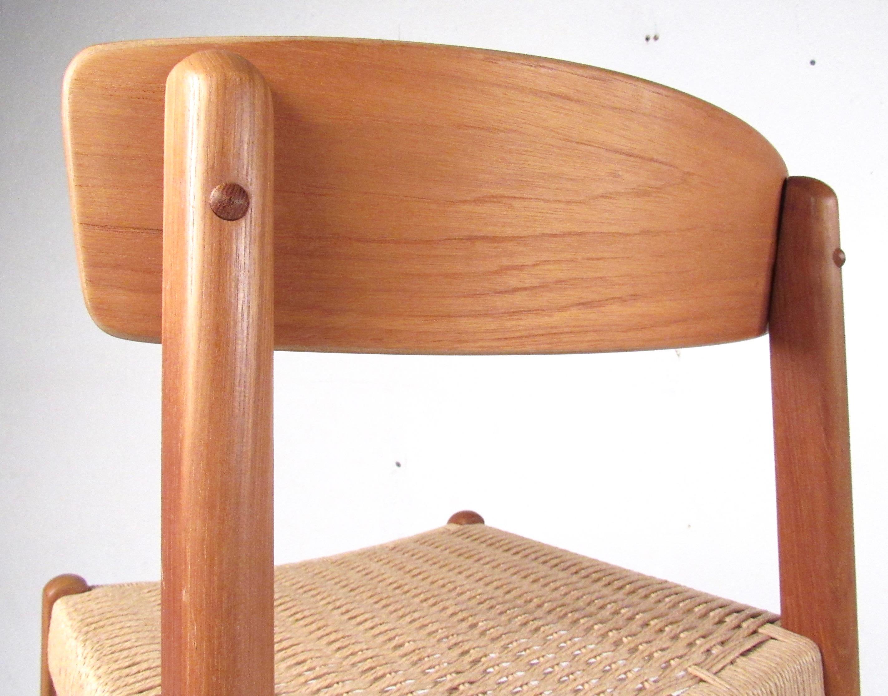 Pair of Modern Teak and Paper Cord Bar Stools 4