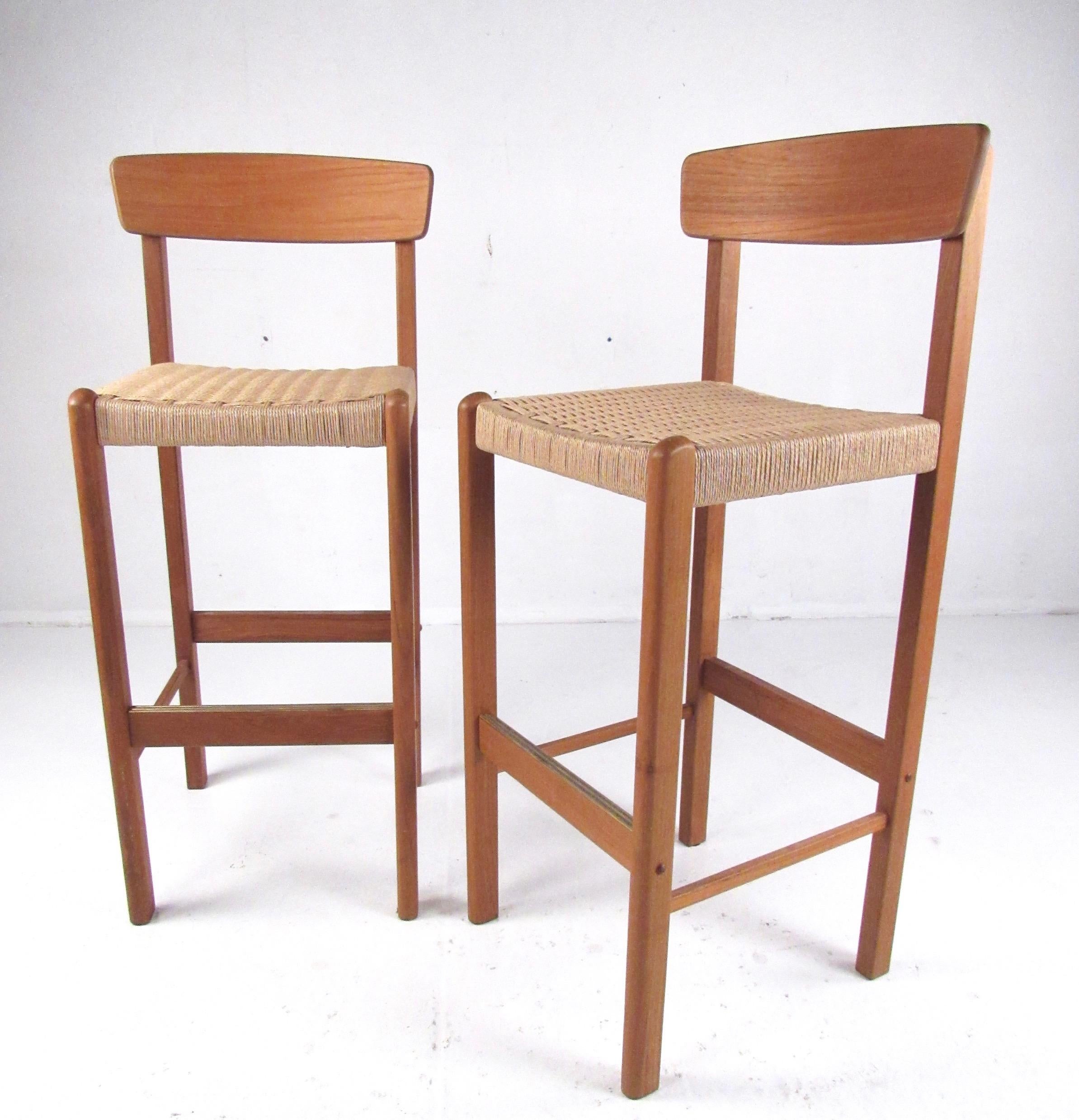 Pair of Modern Teak and Paper Cord Bar Stools In Good Condition In Brooklyn, NY