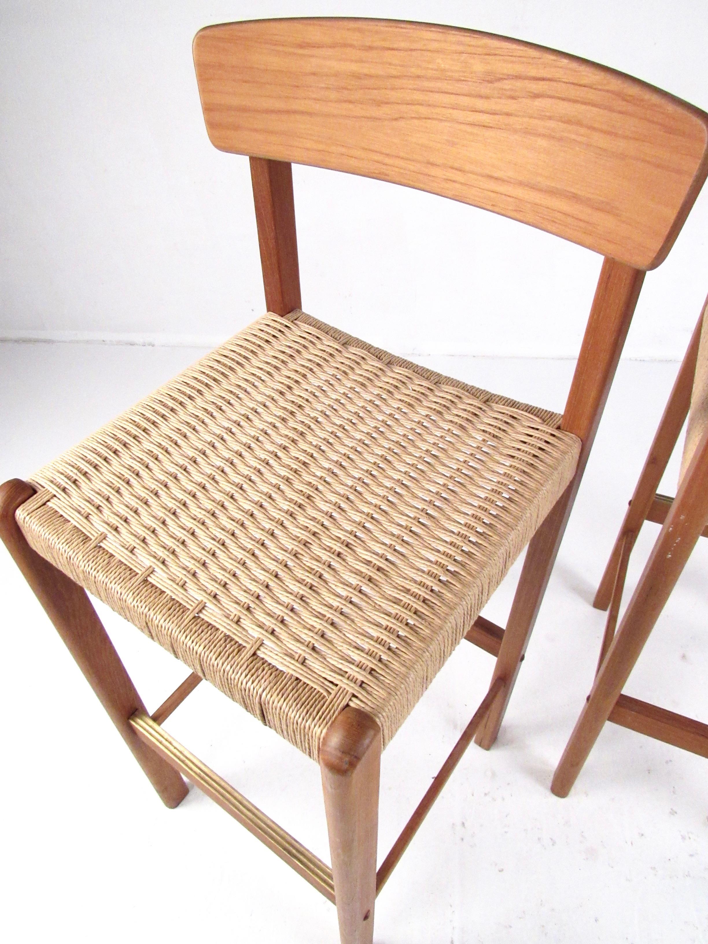 Papercord Pair of Modern Teak and Paper Cord Bar Stools