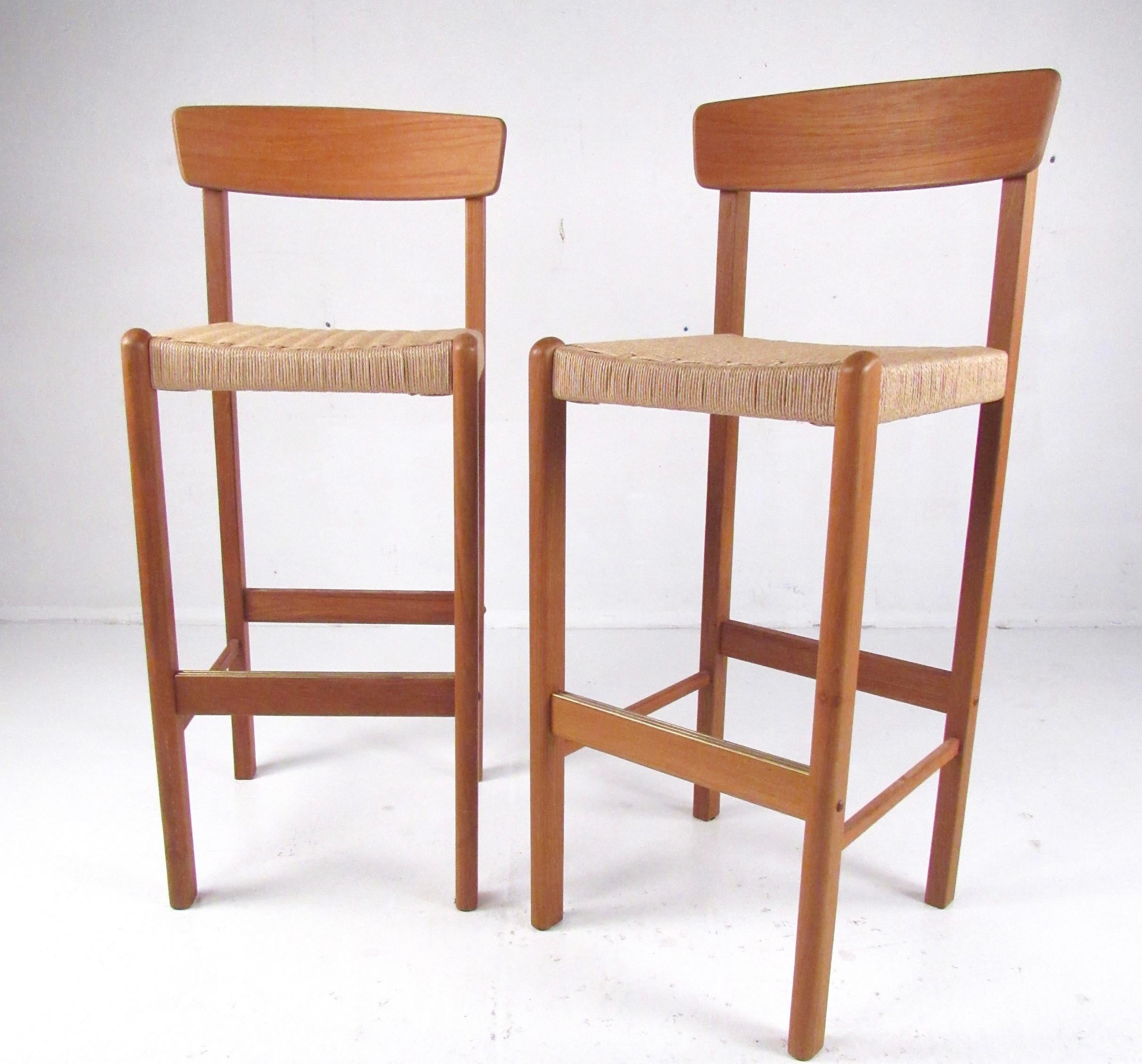 Pair of Modern Teak and Paper Cord Bar Stools 2
