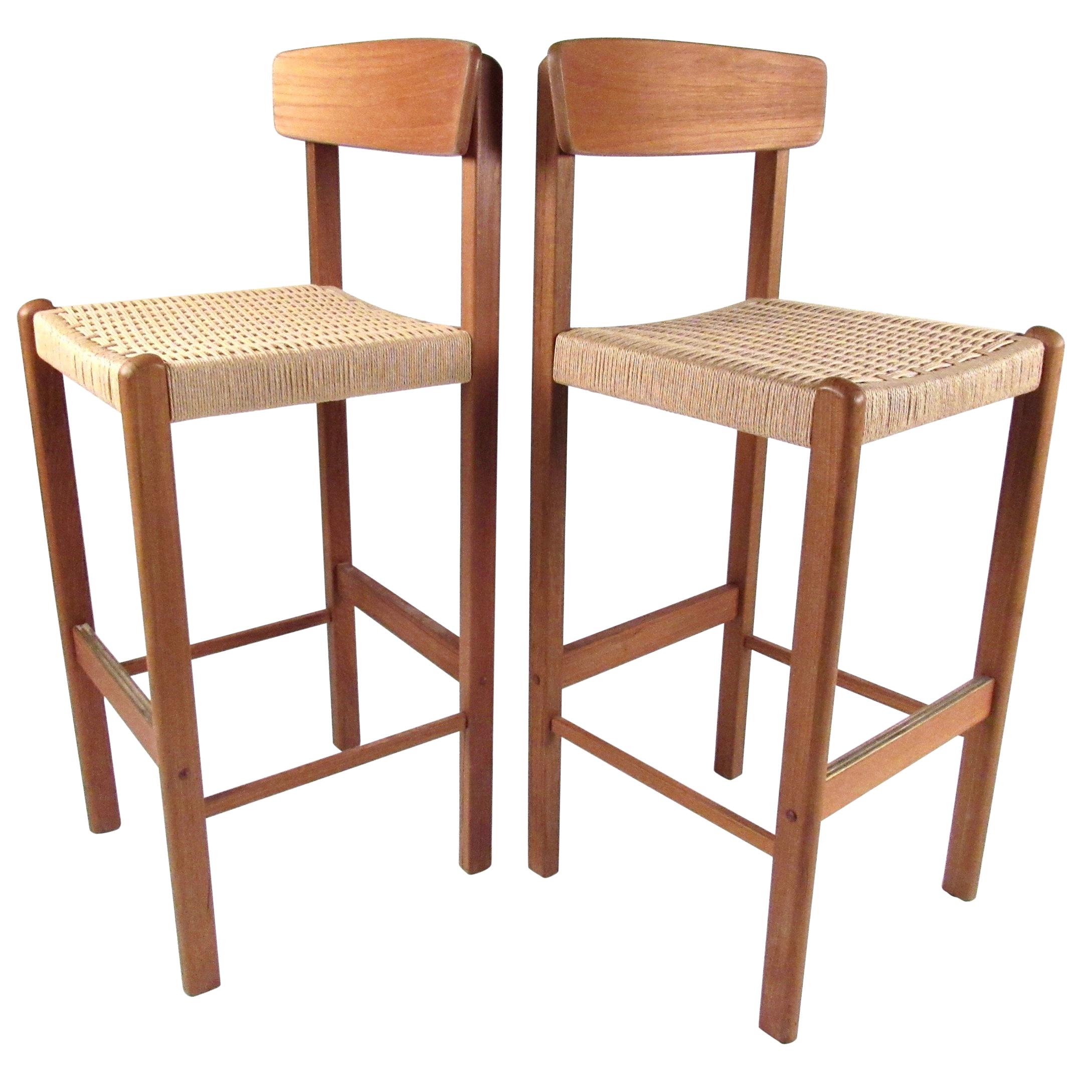 Pair of Modern Teak and Paper Cord Bar Stools