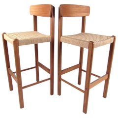 Pair of Modern Teak and Paper Cord Bar Stools