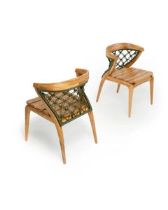 Pair of Modern Teak Outdoor Dining Chair with Green Rope, Patio Chair