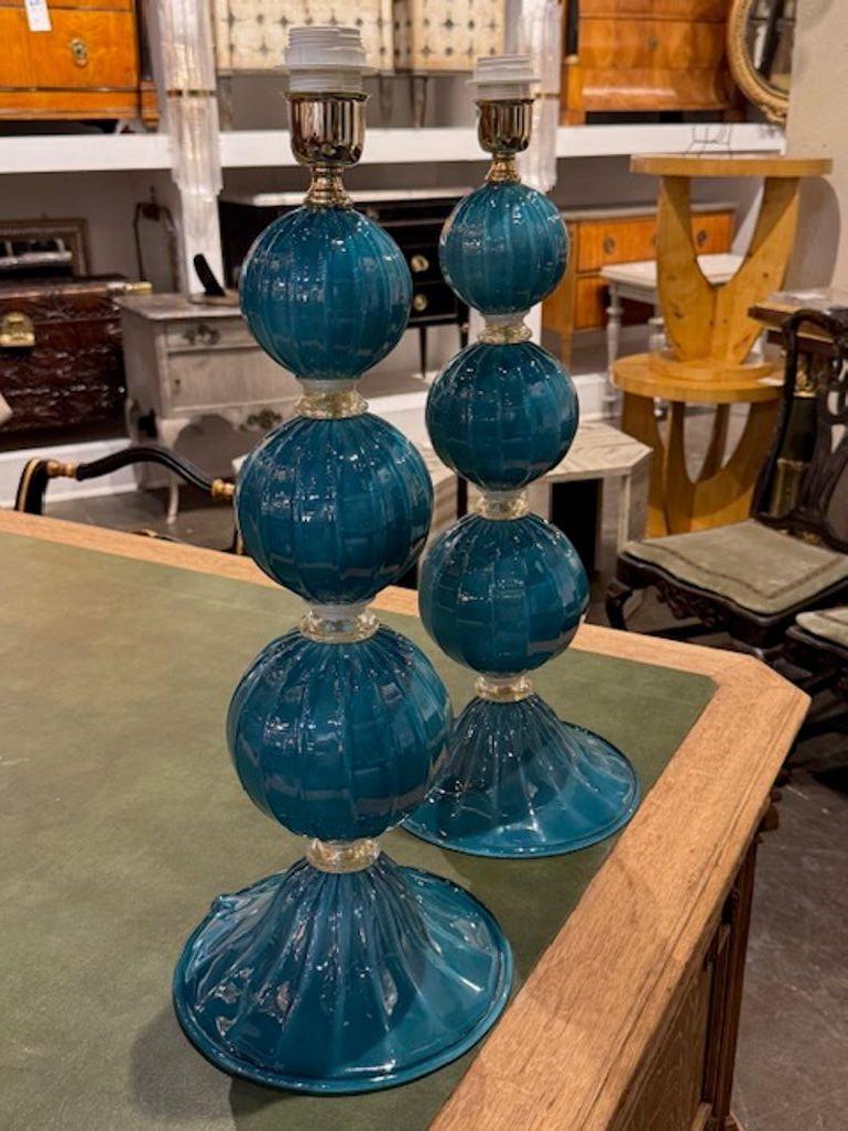 Verre de Murano Paire de lampes modernes en verre de Murano de forme Ball and Ball sarcelle en vente