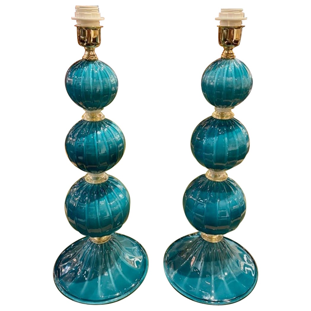 Paire de lampes modernes en verre de Murano de forme Ball and Ball sarcelle