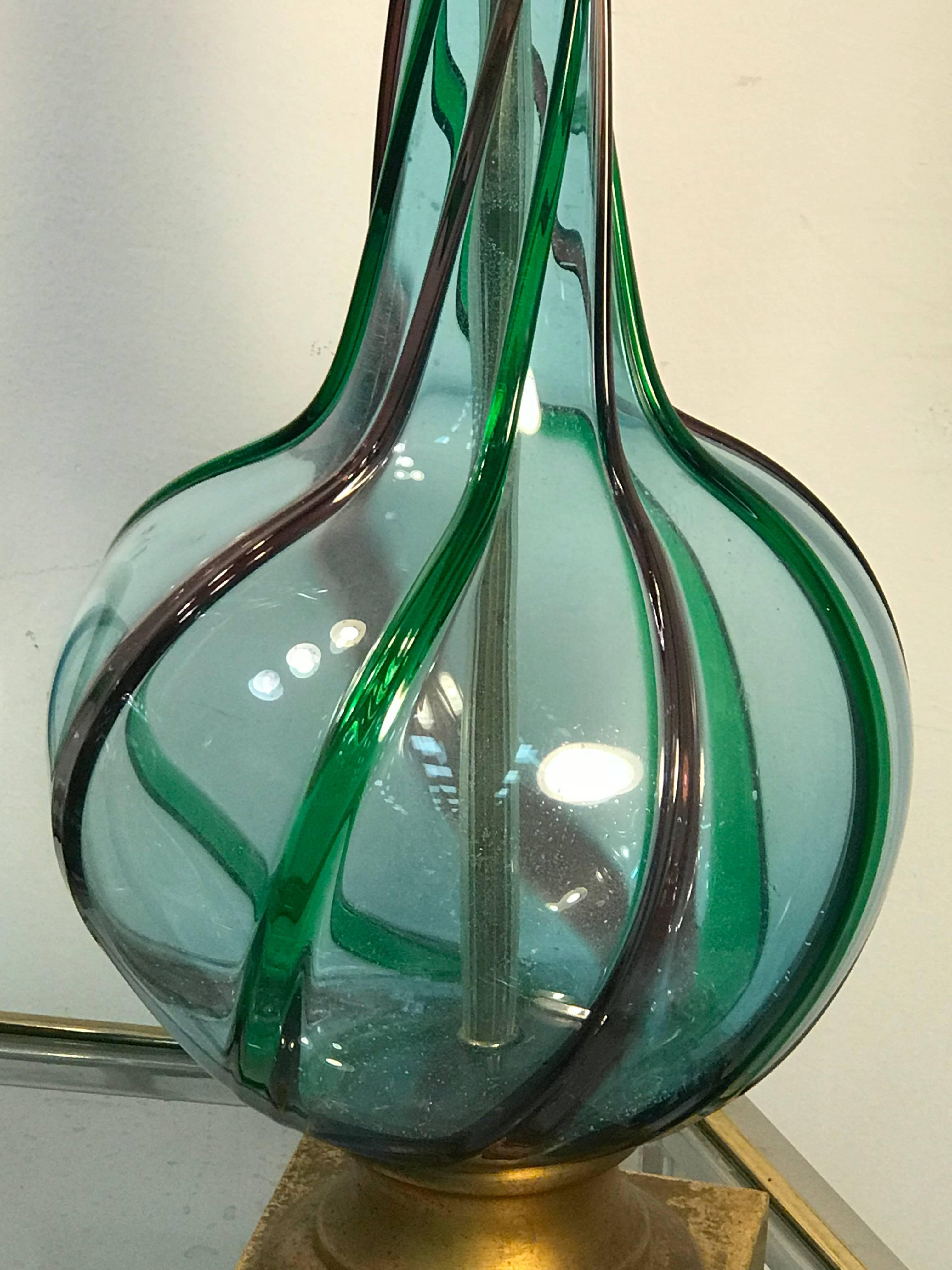Italian Pair of Modern Tri-Color Twist Murano Lamps For Sale