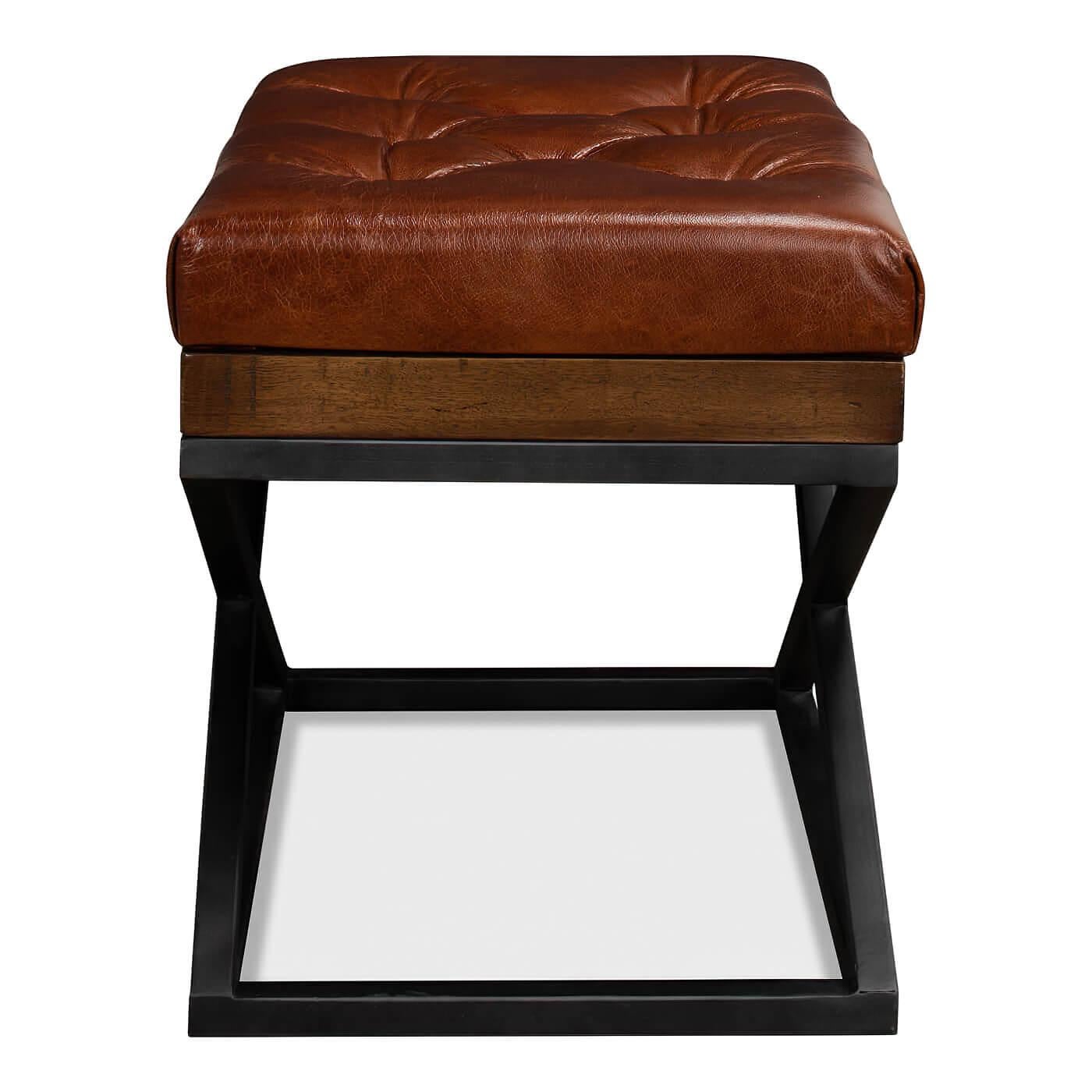 Asian Pair of Modern Tufted Leather X Frame Stools For Sale