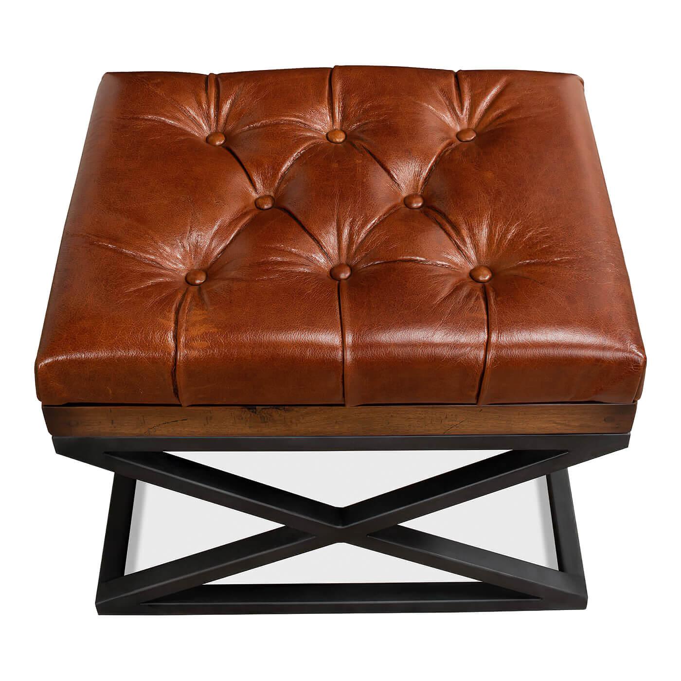 Pair of Modern Tufted Leather X Frame Stools In New Condition For Sale In Westwood, NJ