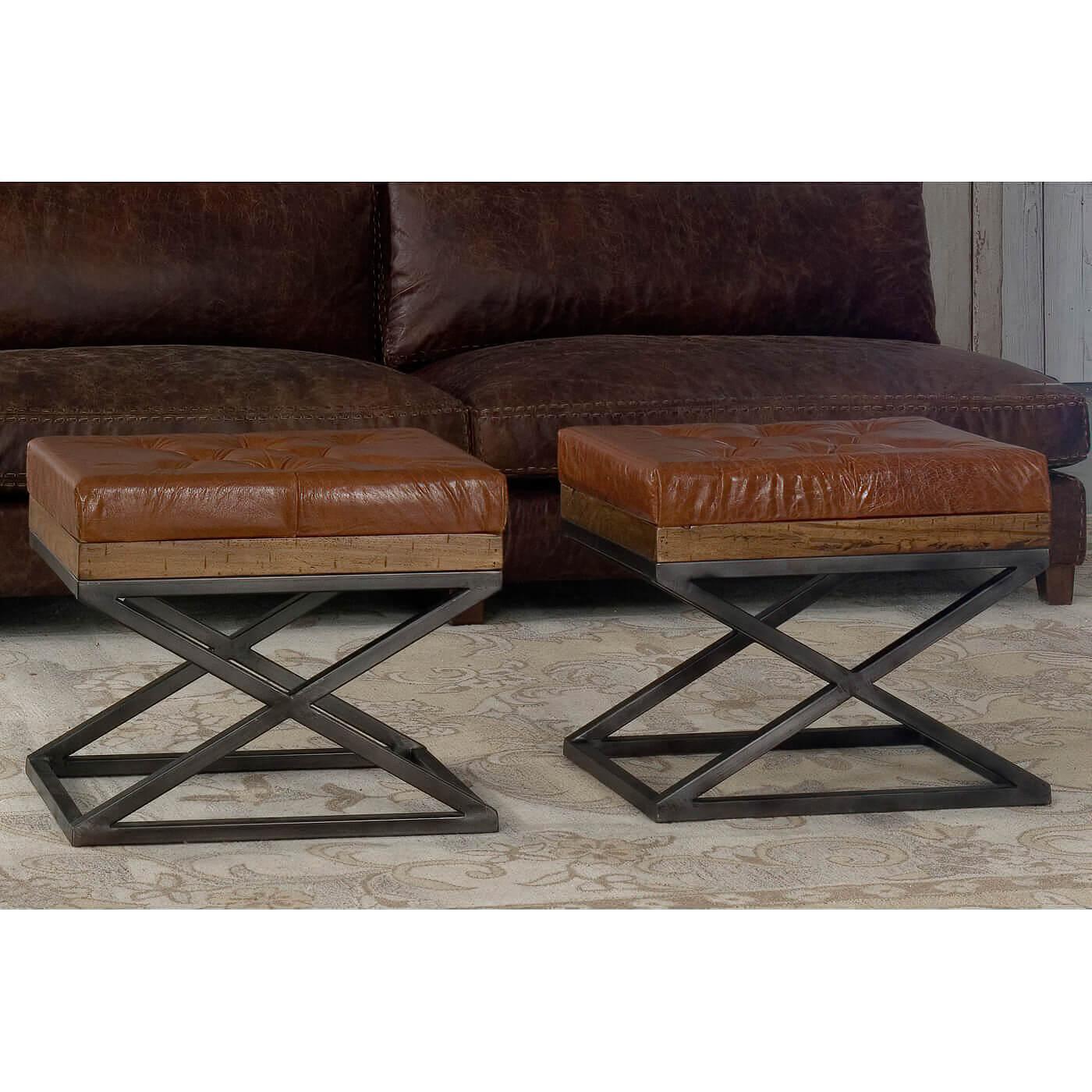 Metal Pair of Modern Tufted Leather X Frame Stools For Sale