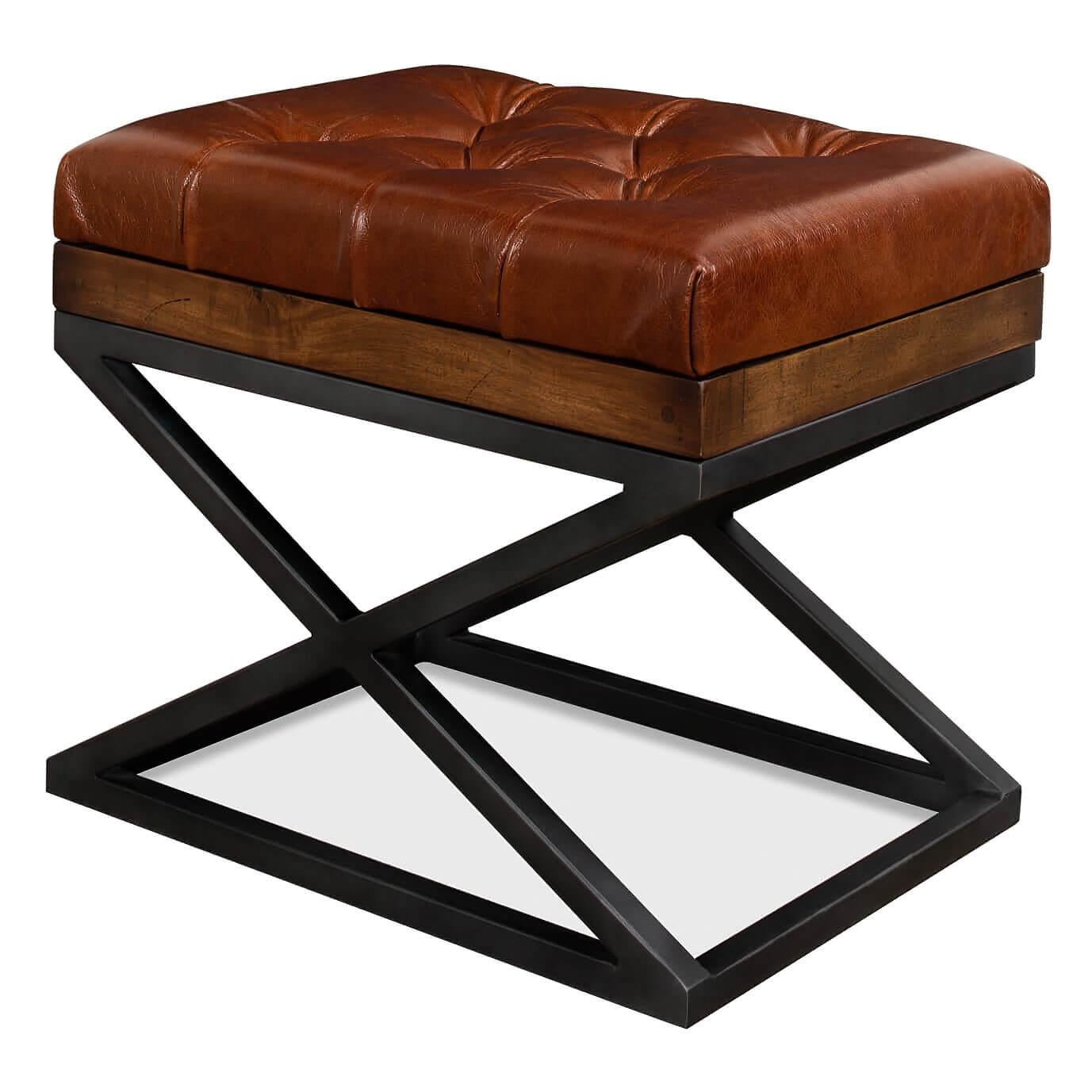 Pair of Modern Tufted Leather X Frame Stools For Sale 2
