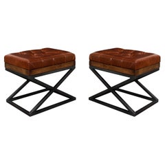 Pair of Modern Tufted Leather X Frame Stools