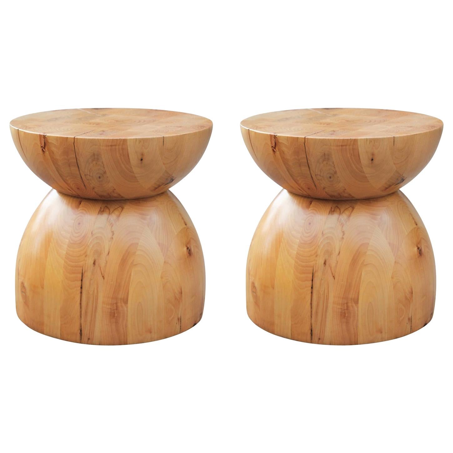 Pair of Modern Turned Wood Side Drum Tables at 1stDibs