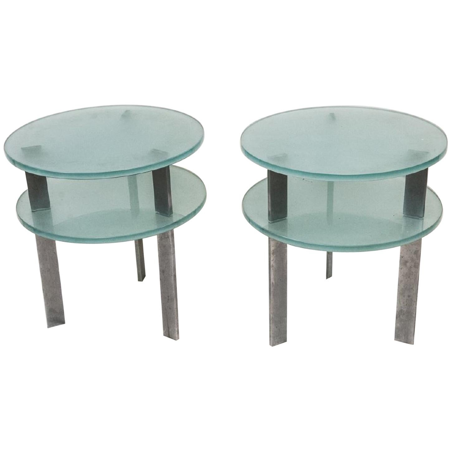 Pair of Modern Two-Tier Glass Side Tables For Sale