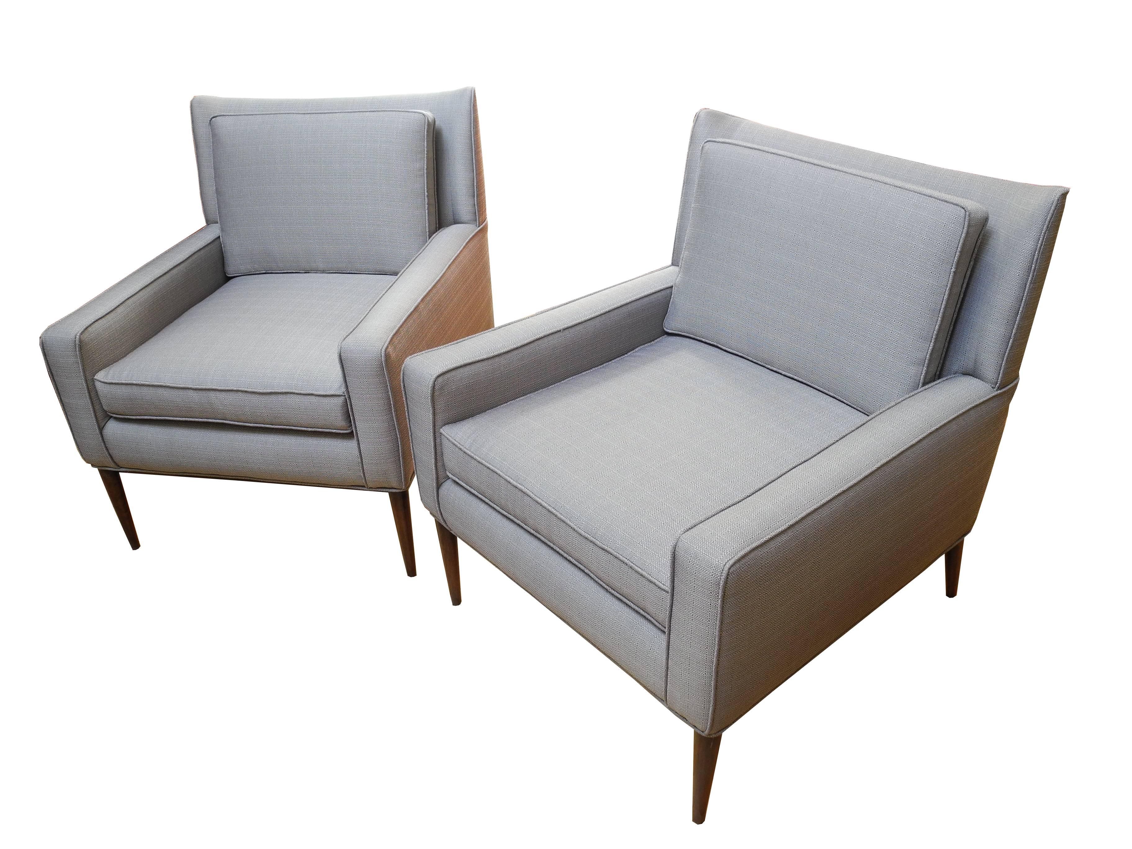 These elegantly upholstered modern lounge chairs were designed by Paul McCobb.
 