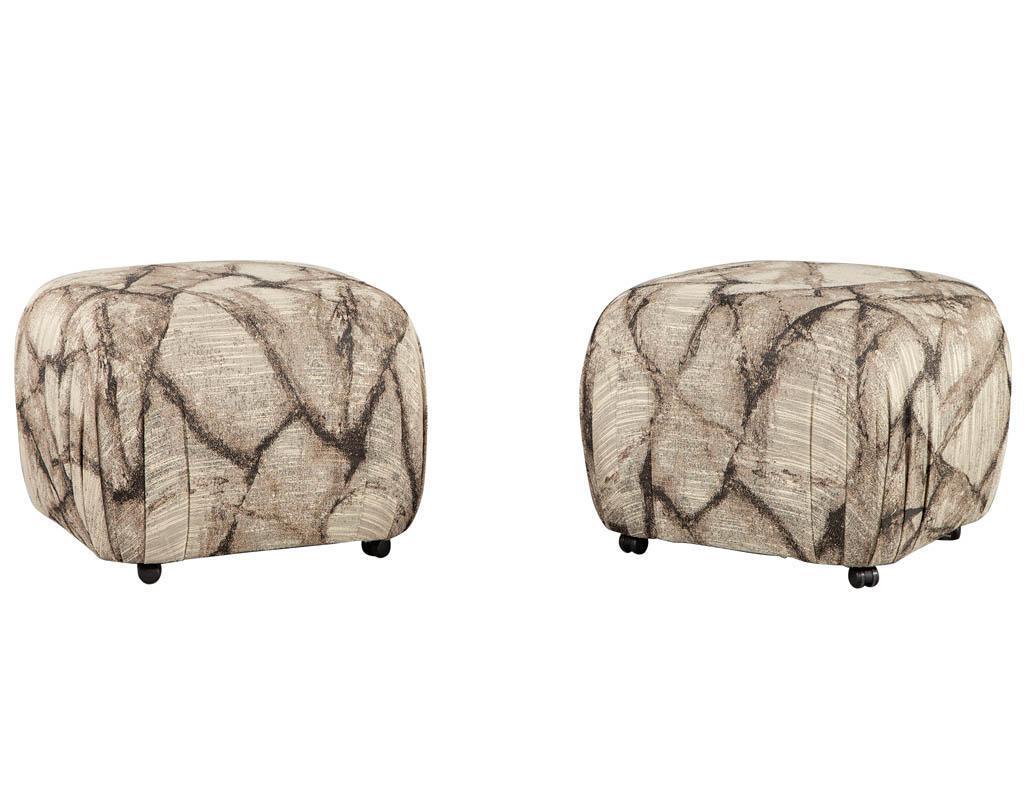 Fabric Pair of Modern Upholstered Ottoman Stools on Casters For Sale