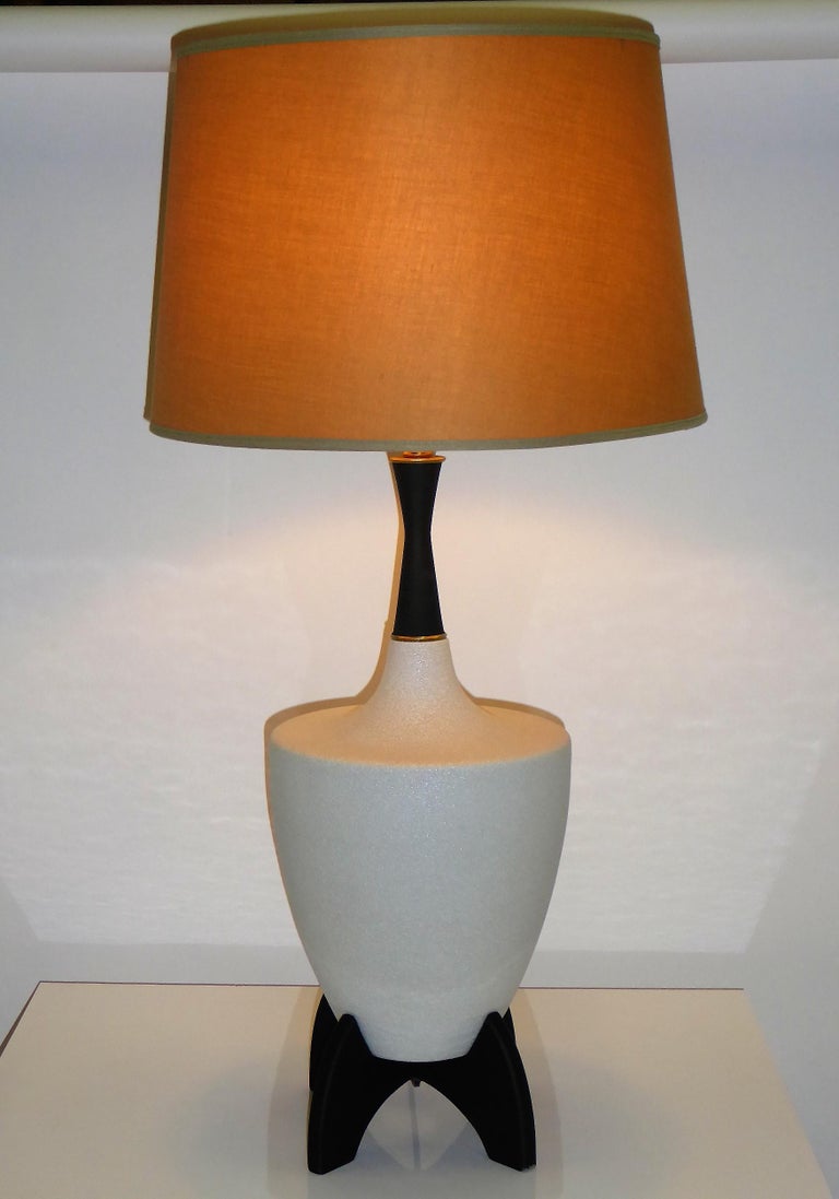 Pair of Modern Urn Shape Ceramic Table Lamps with Black Wood Stand and Neck at 1stDibs
