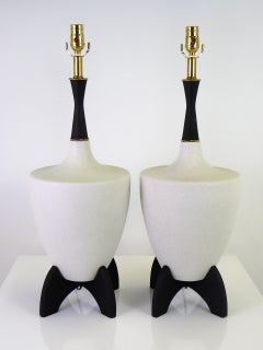 Pair of Modern Urn Shape Ceramic Table Lamps with Black Wood Stand and Neck