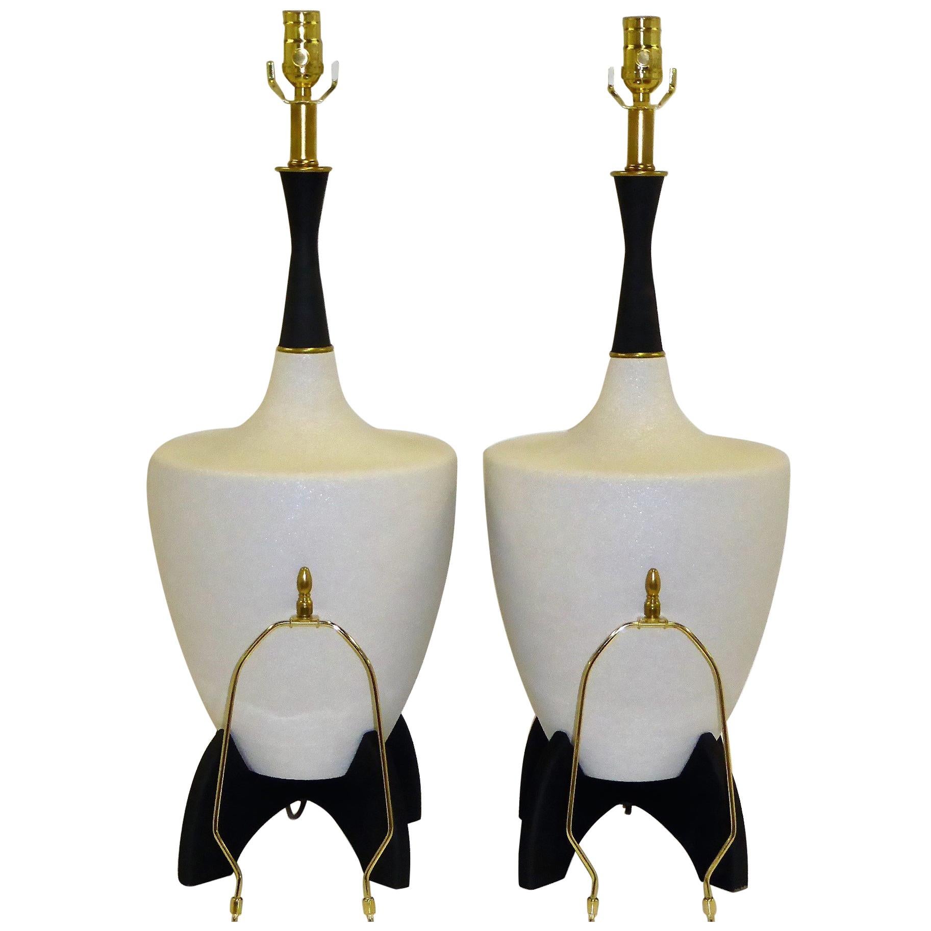 Pair of Modern Urn Shape Ceramic Table Lamps with Black Wood Stand and Neck