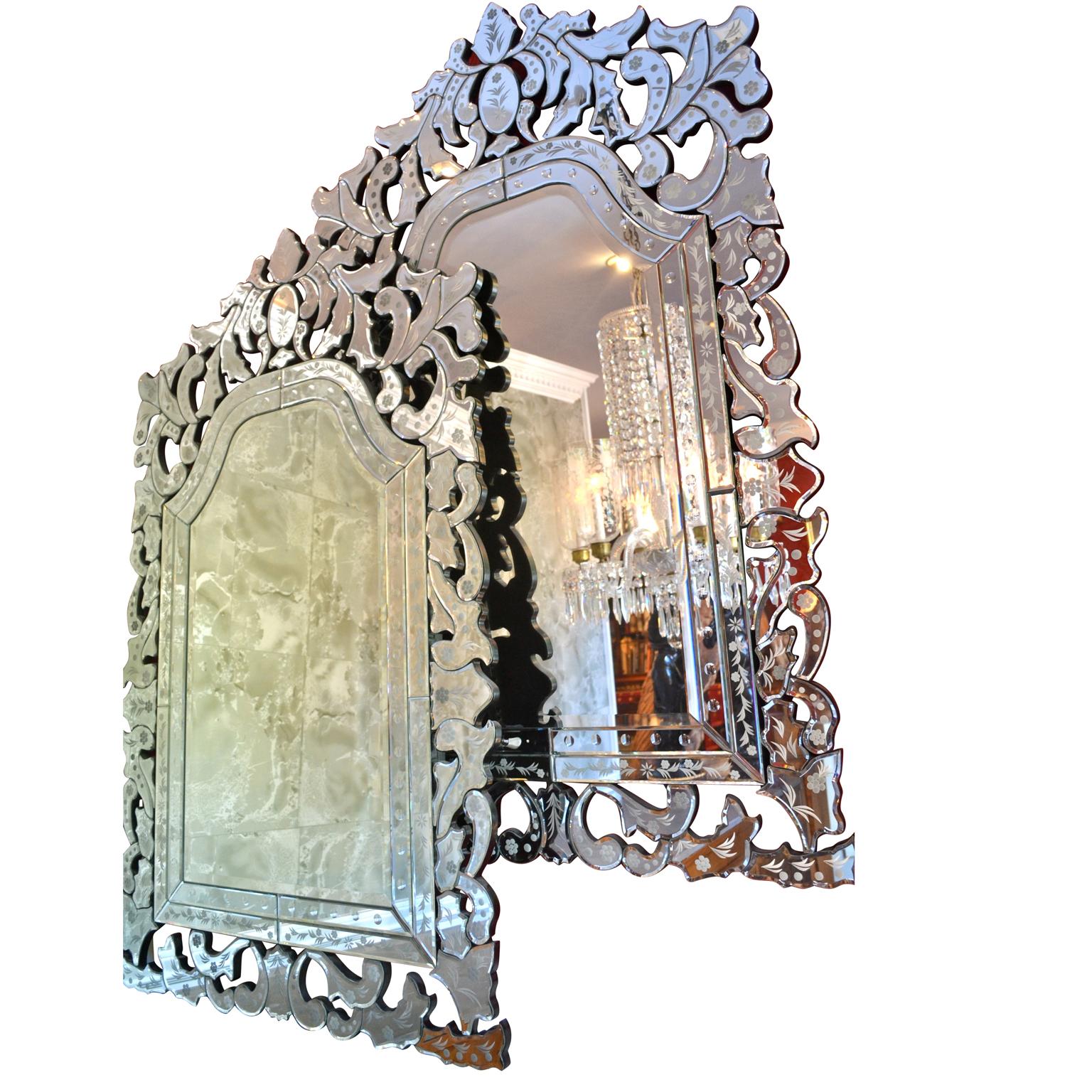 Italian Pair of Modern Venetian Etched Glass Mirrors For Sale