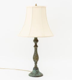 Pair of Modern Verdigris Bronzed Table Lamps with Silk Shades
