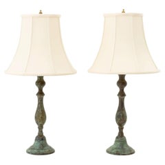 Pair of Modern Verdigris Bronzed Table Lamps with Silk Shades