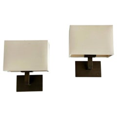 Paar moderne Wandleuchten aus patinierter Bronze mit Stoffschirmen
