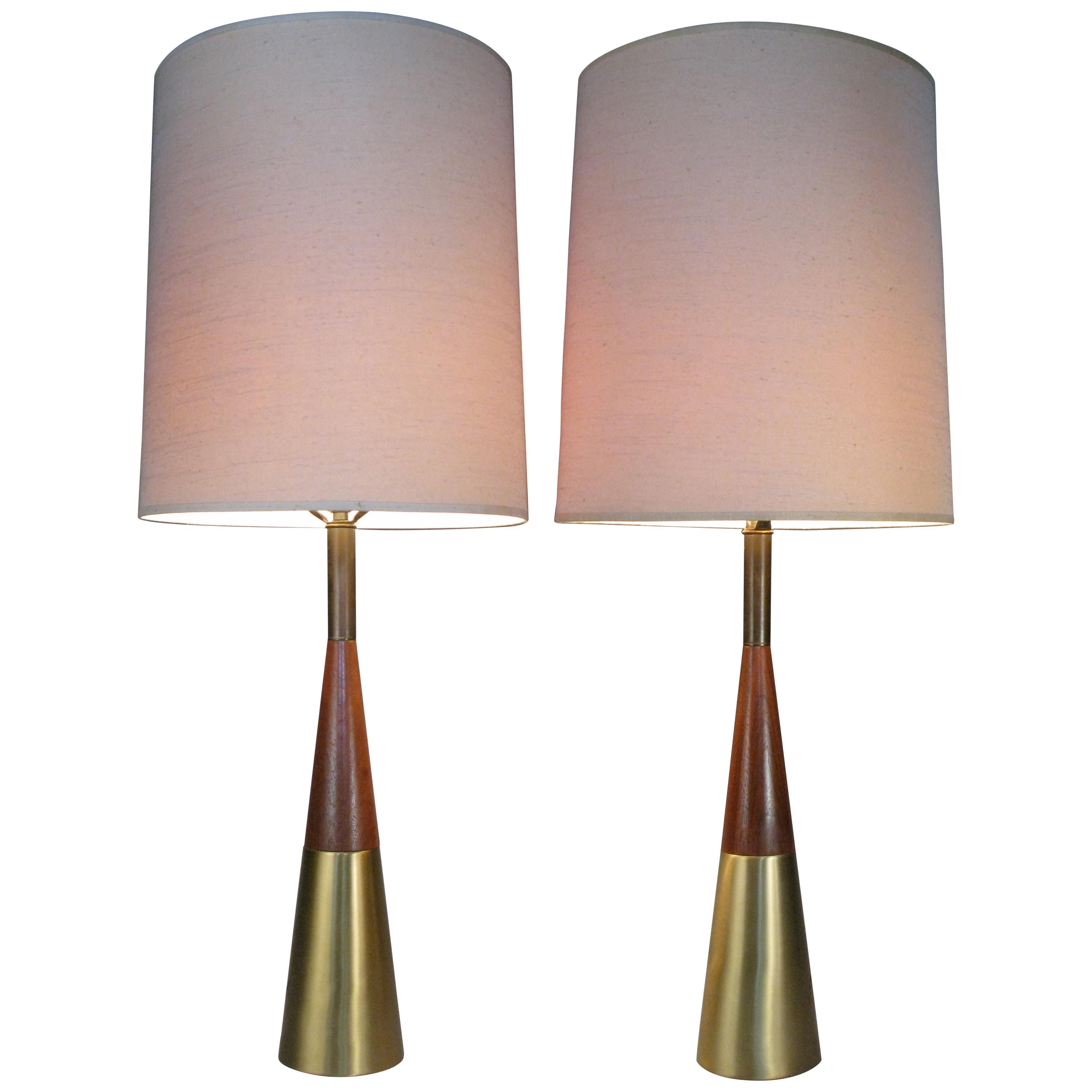 Pair of Modern Walnut & Brass Lamps by Tony Paul