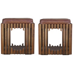 Pair of Modern Walnut Brutalist Ottomans or Poufs in the Style of Paul Evans