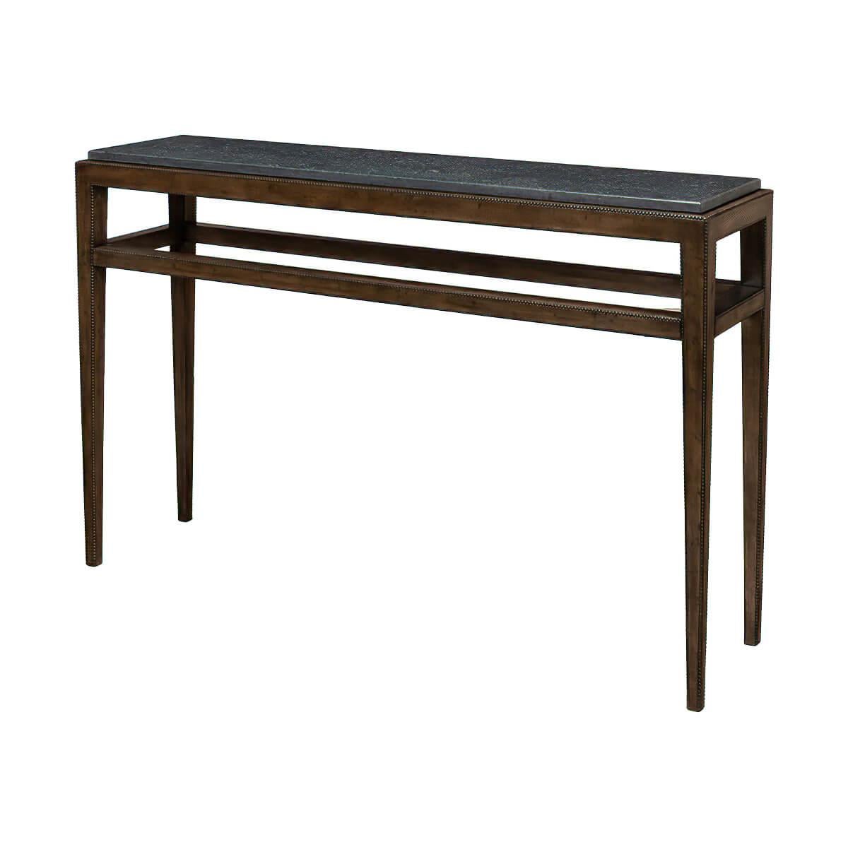 A modern knotty walnut console table with a fossiled marble top, the beaded edge molding frames the table with square tapered legs, finished in a warm walnut stain.

Dimensions: 54