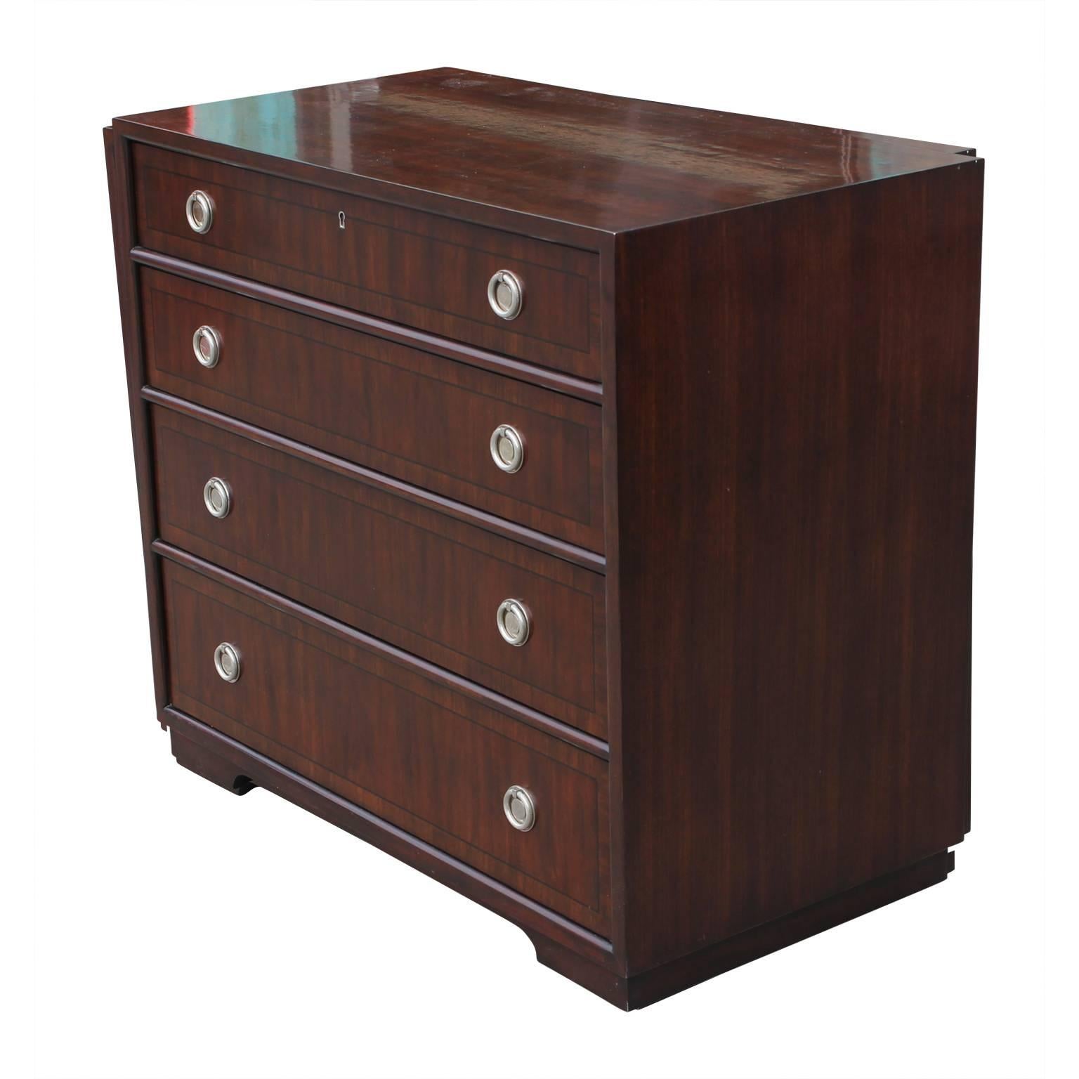 Pair of Modern Walnut Henredon Bachelor's Chest with Silver Ring Pulls In Excellent Condition In Houston, TX