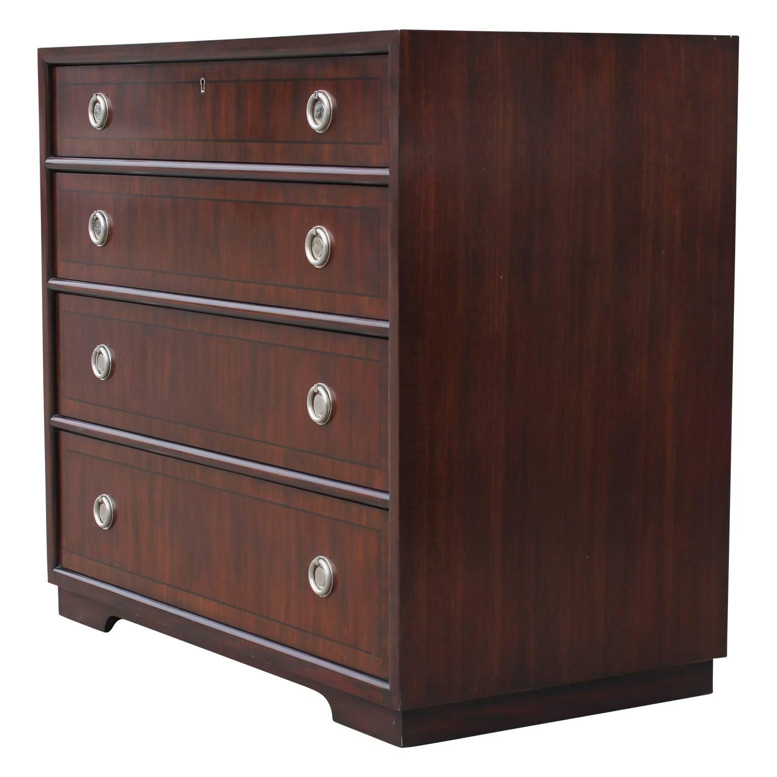 Mid-20th Century Pair of Modern Walnut Henredon Bachelor's Chest with Silver Ring Pulls