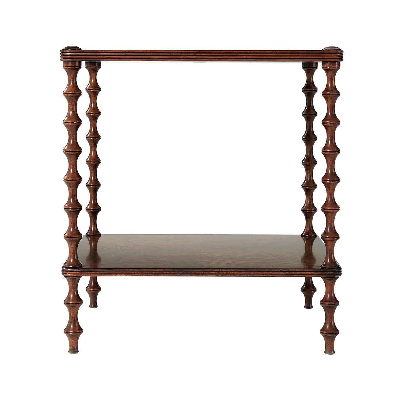 A Pacific walnut side table, the square top with rounded corners and a reeded edge above a similar under tier, on bobbin turned legs.

Dimensions: 26