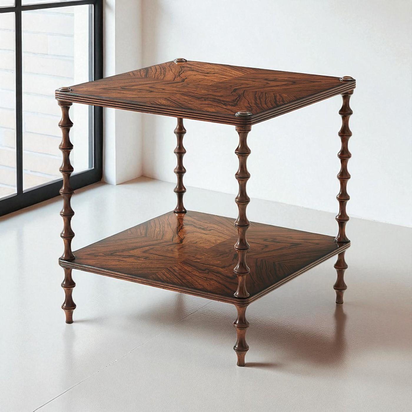 A Pacific walnut side table, the square top with rounded corners and a reeded edge above a similar under tier, on bobbin turned legs.

Dimensions: 26