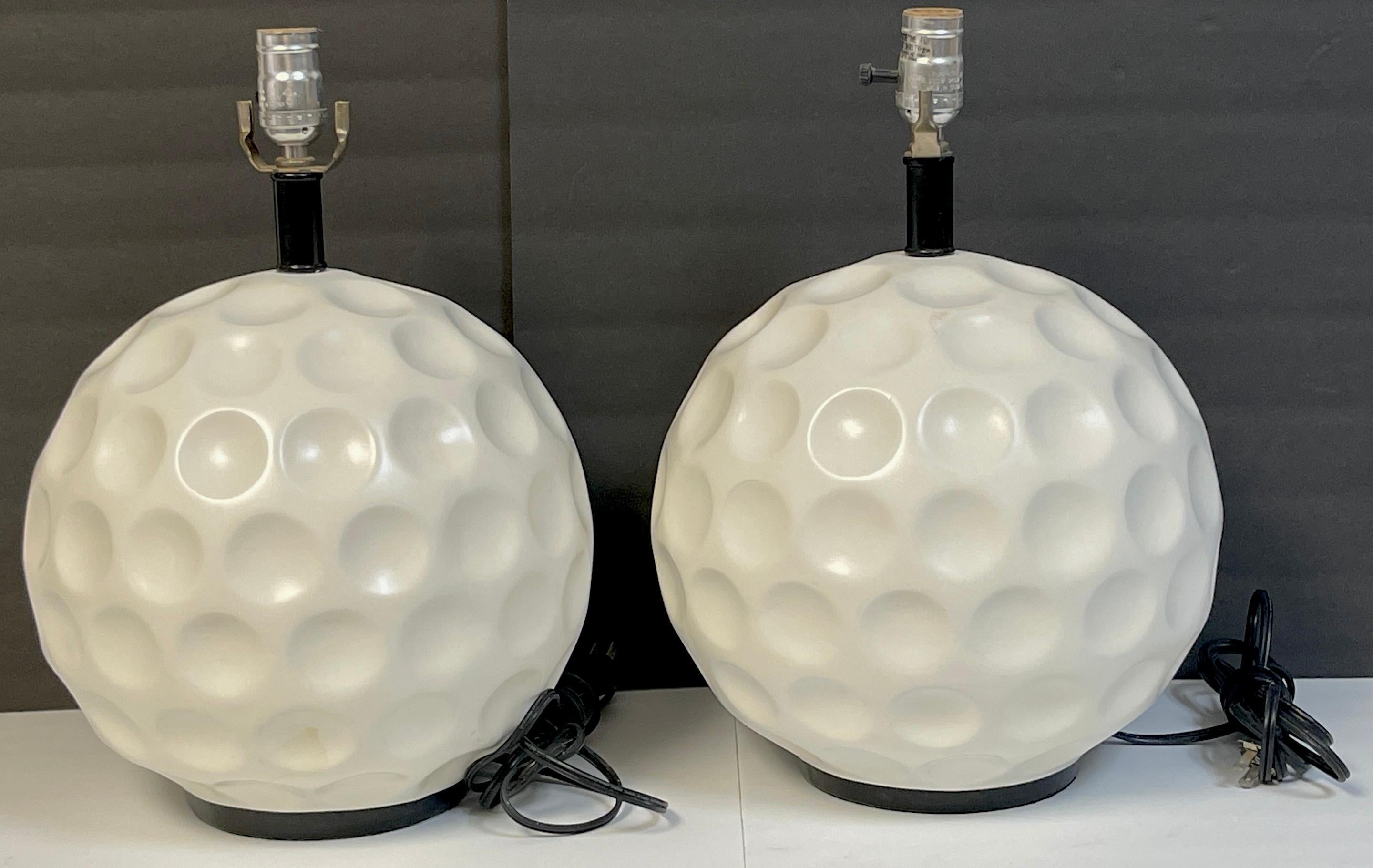 American Pair of Modern White Enameled Metal 'Golf Ball' Lamps For Sale