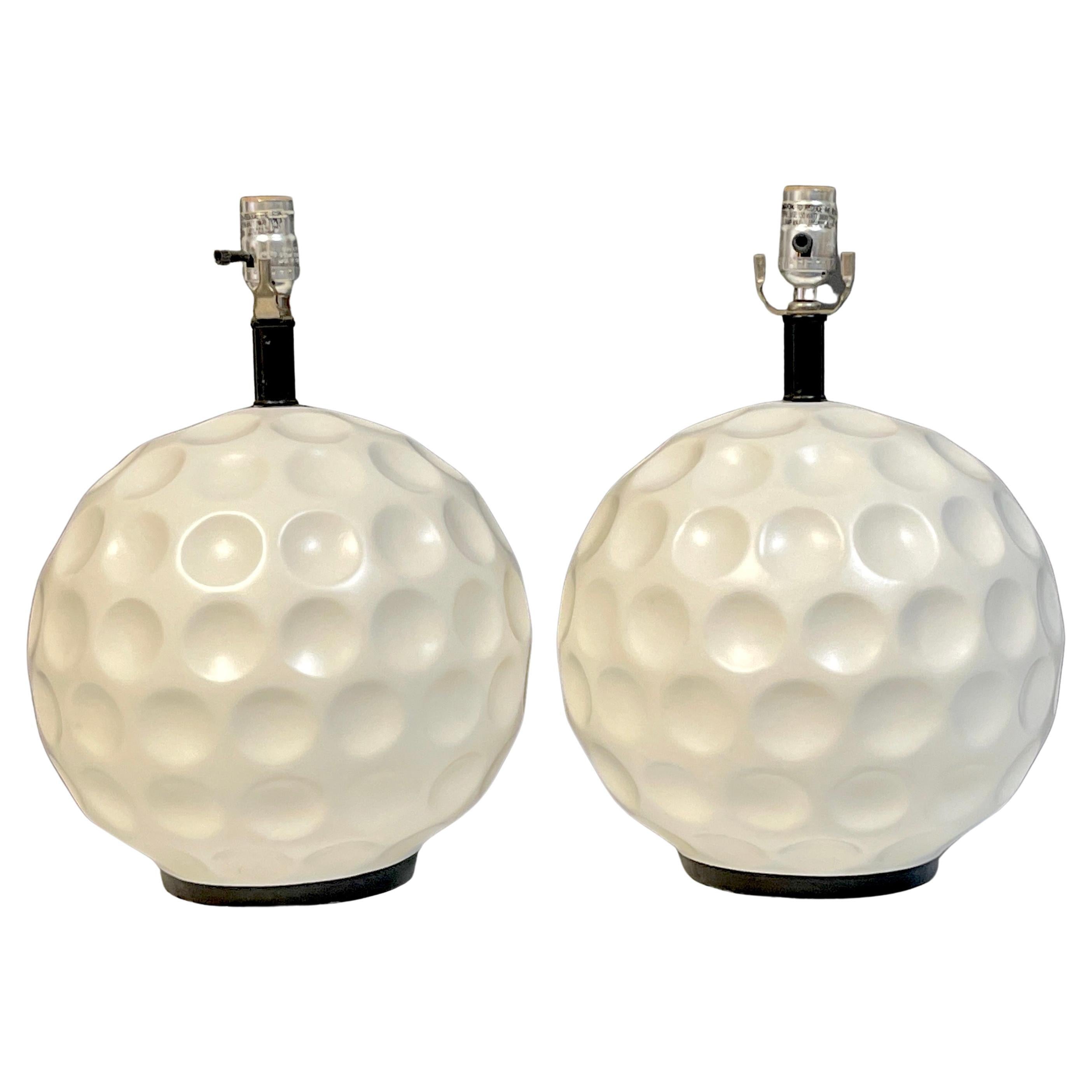 Pair of Modern White Enameled Metal 'Golf Ball' Lamps For Sale