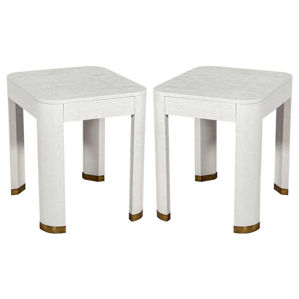 Pair of Modern White Linen Clad Side Tables