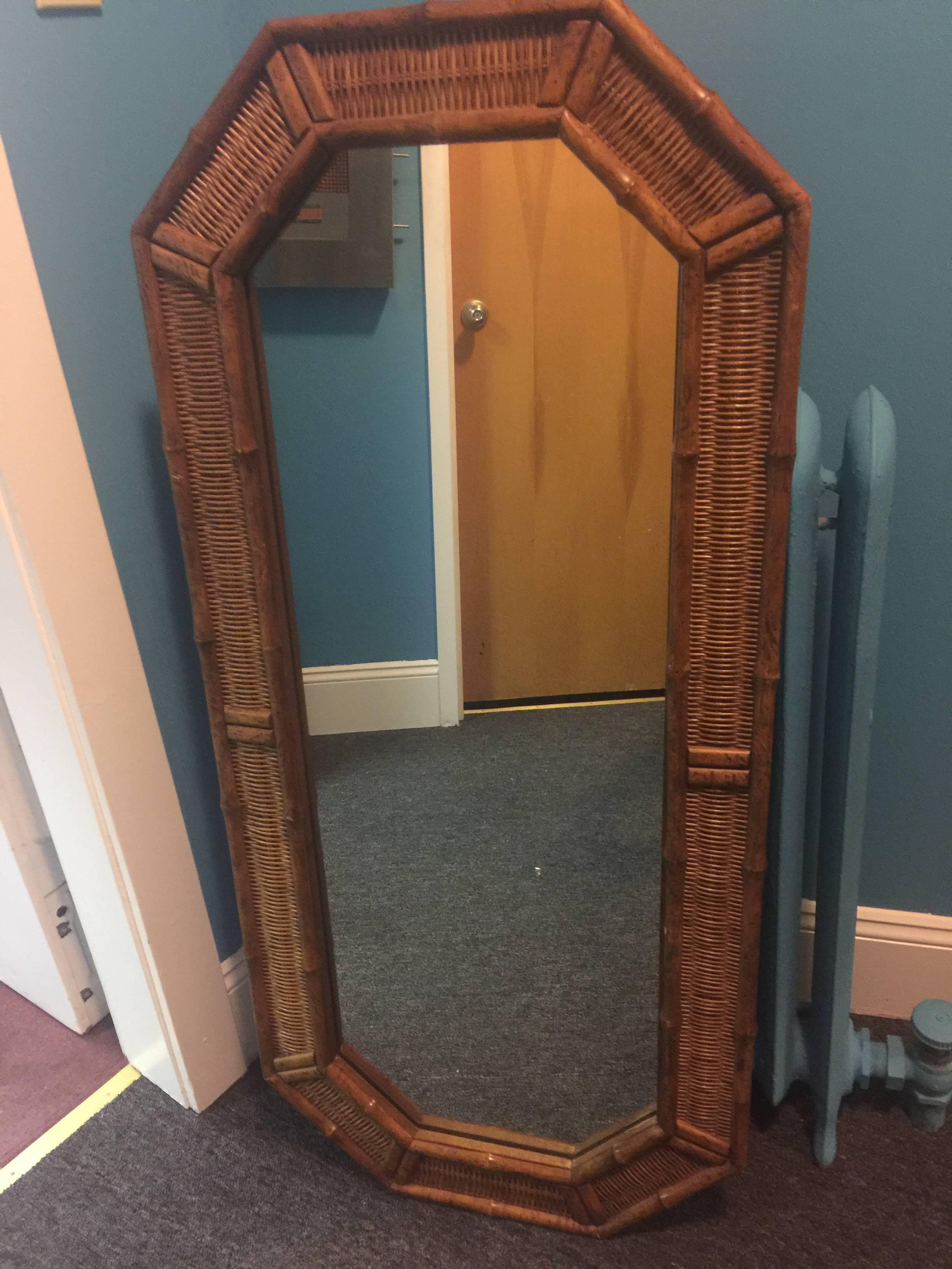 American Pair of Modern Wood Bamboo and Wicker Octagonal Mirrors For Sale
