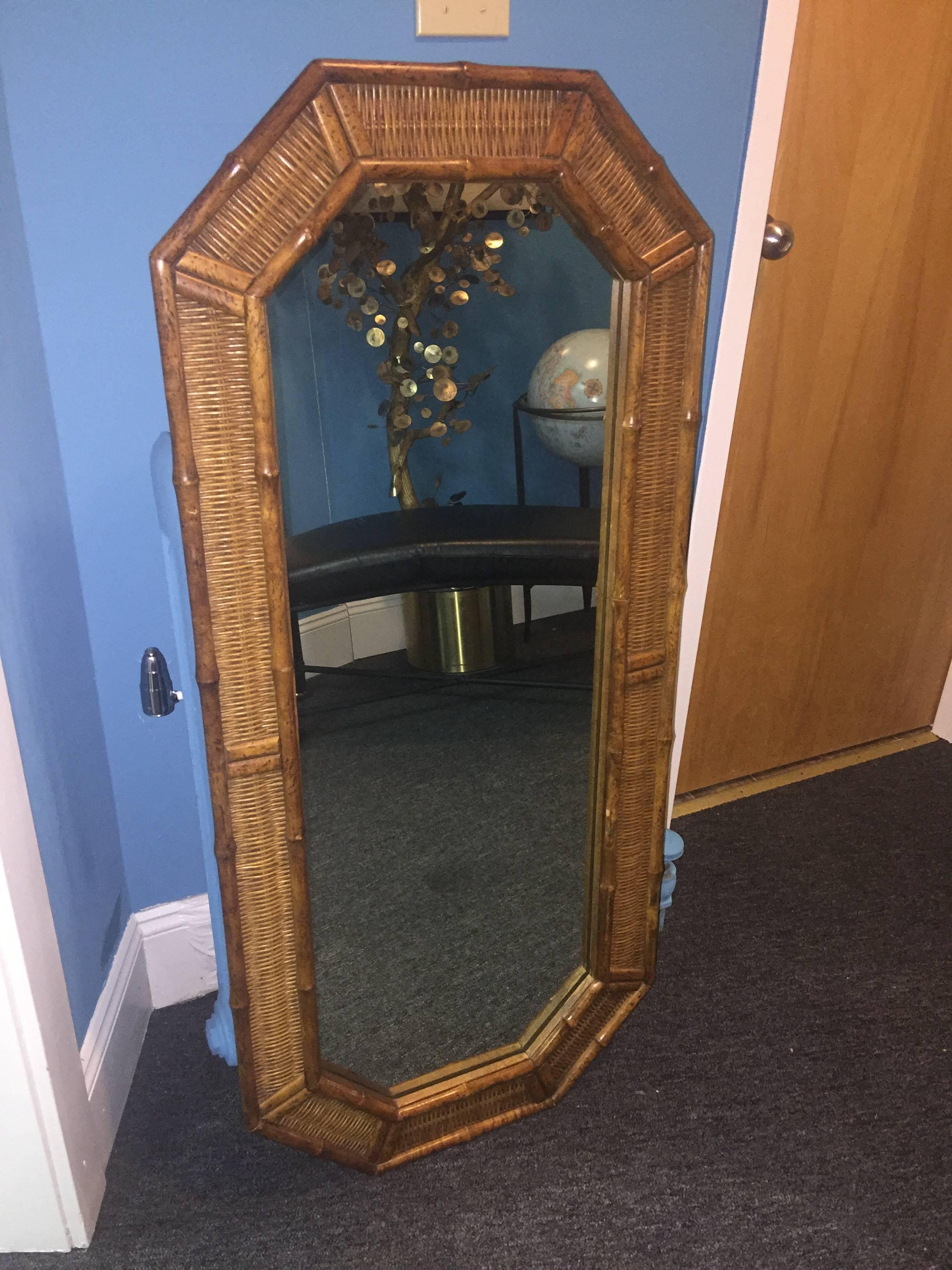 Carved Pair of Modern Wood Bamboo and Wicker Octagonal Mirrors For Sale