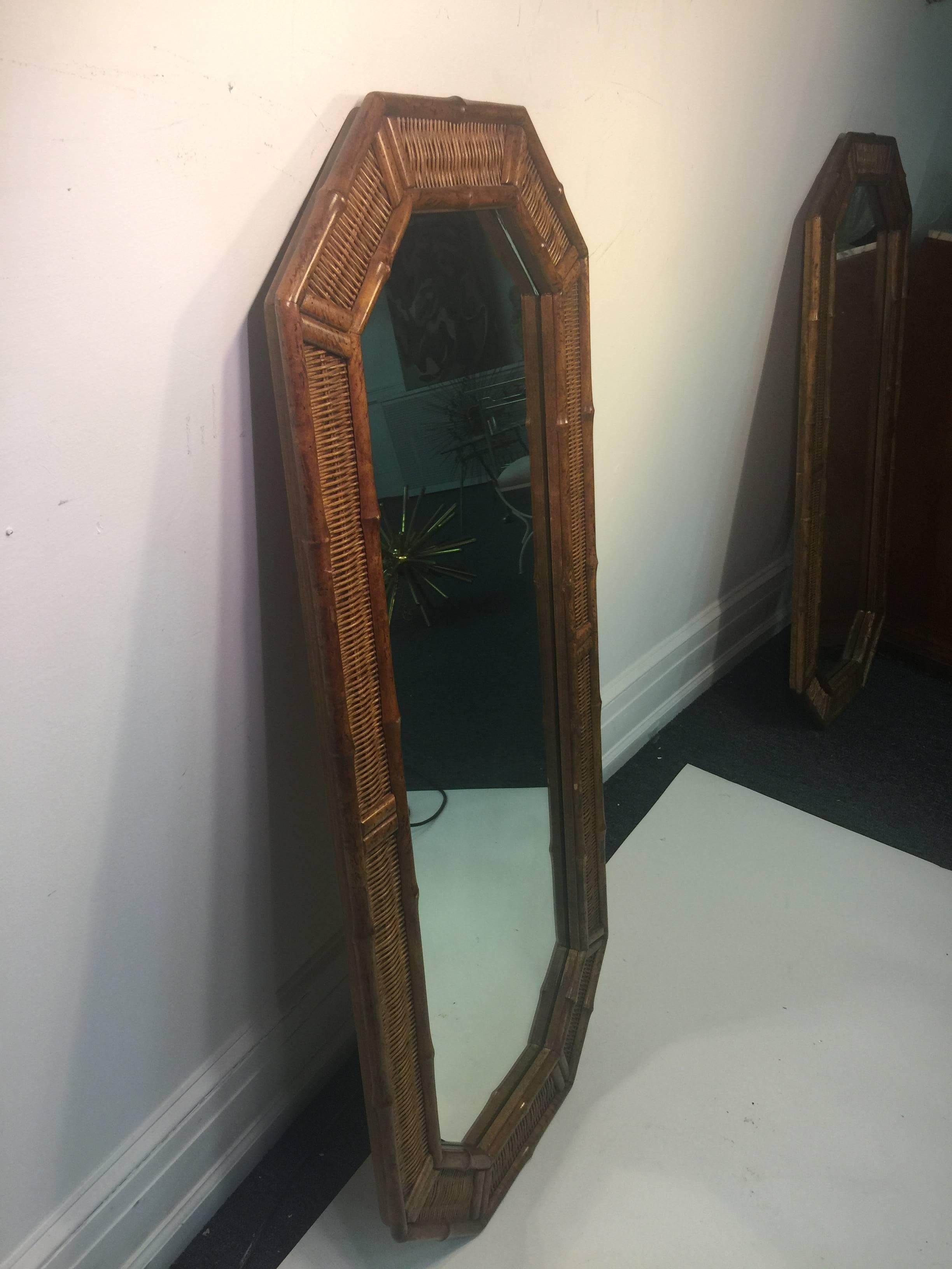 Late 20th Century Pair of Modern Wood Bamboo and Wicker Octagonal Mirrors For Sale