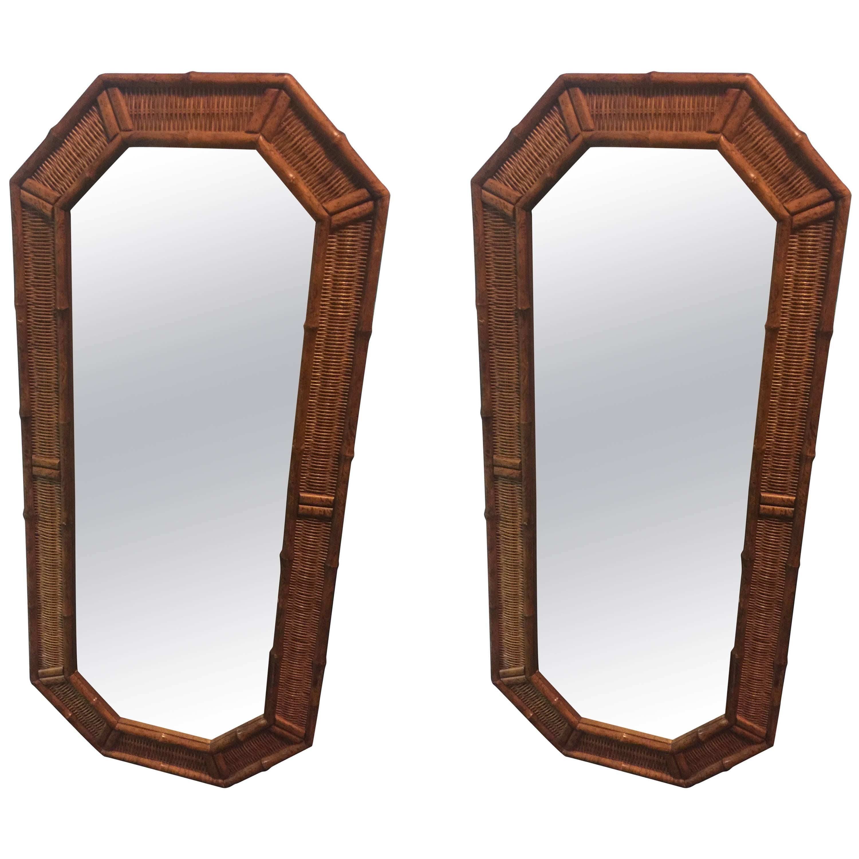 Pair of Modern Wood Bamboo and Wicker Octagonal Mirrors For Sale