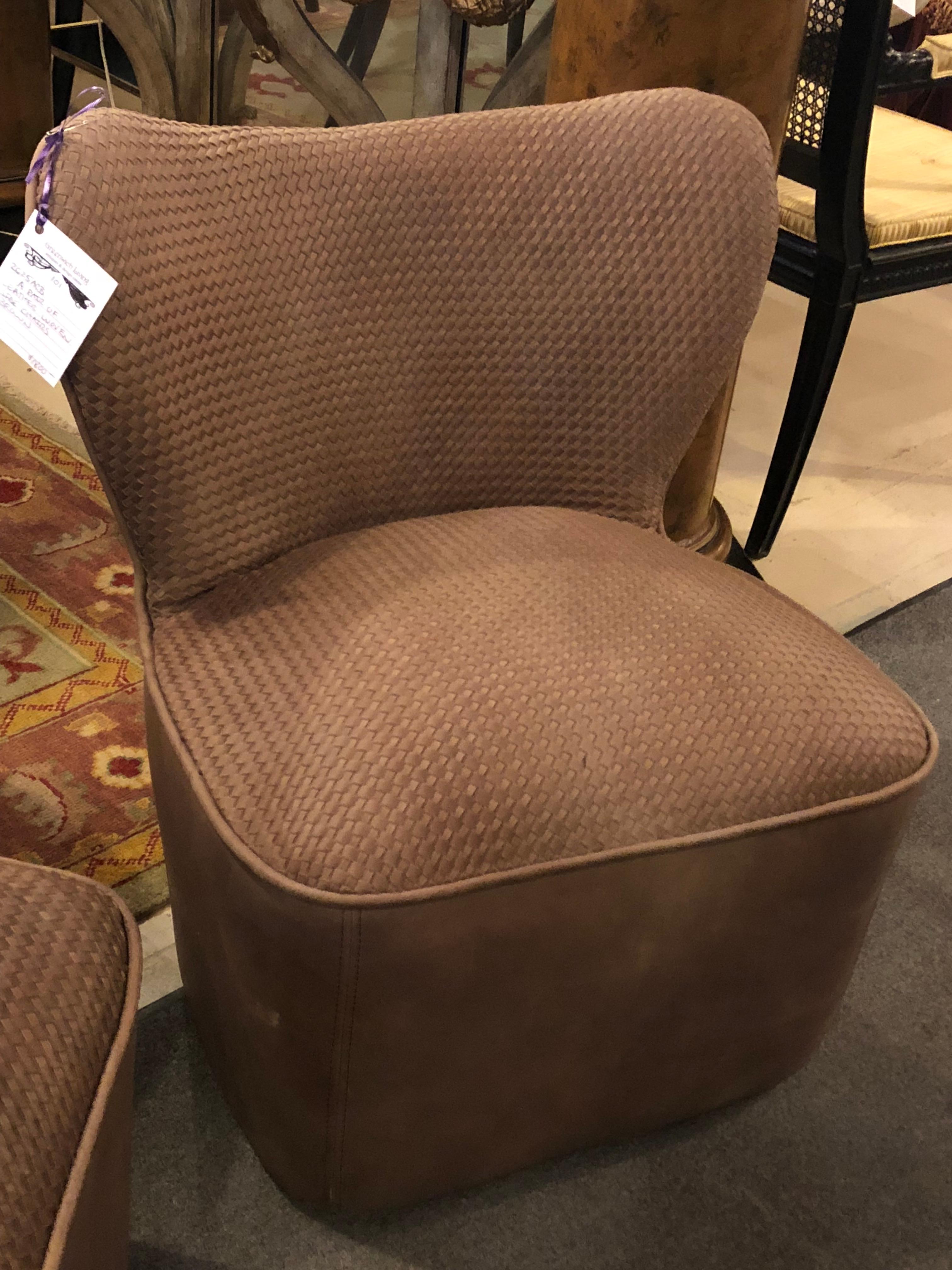 Contemporary Pair of Modern Woven Brown Leather Seat and Backrest Side Chairs