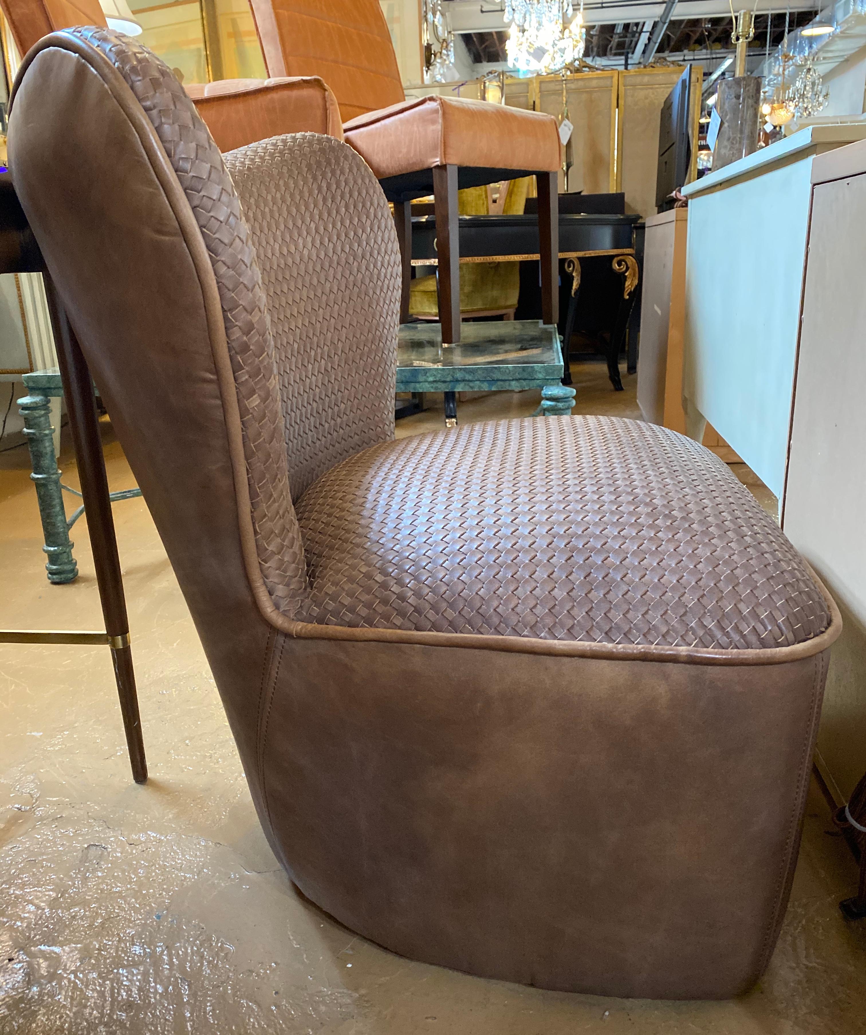 Pair of Modern Woven Brown Leather Seat and Backrest Side Chairs 2