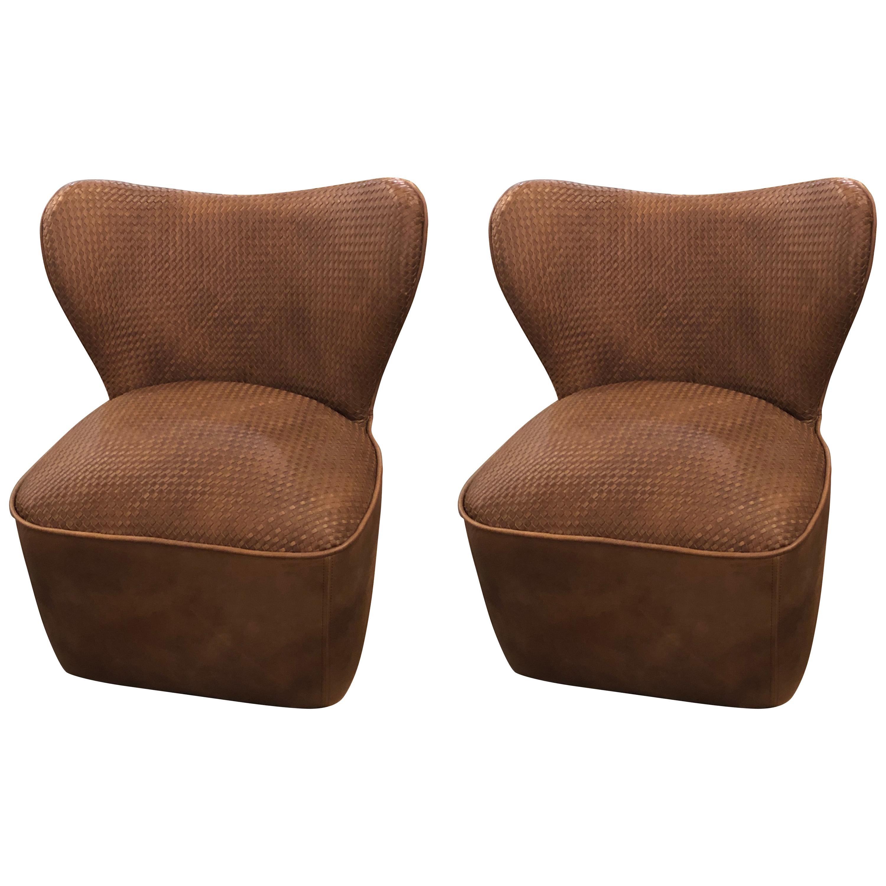 Pair of Modern Woven Brown Leather Seat and Backrest Side Chairs