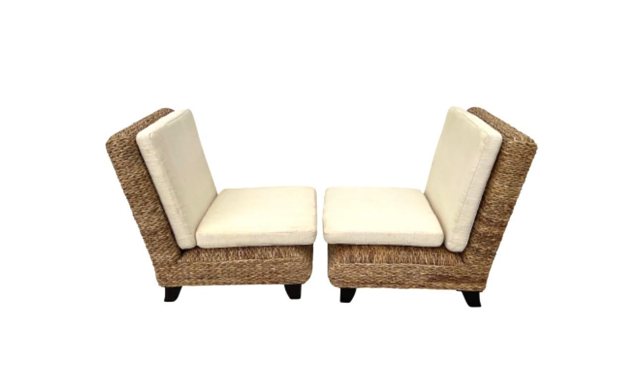 American Pair Of Modern Woven Wicker Slipper Chairs For Sale