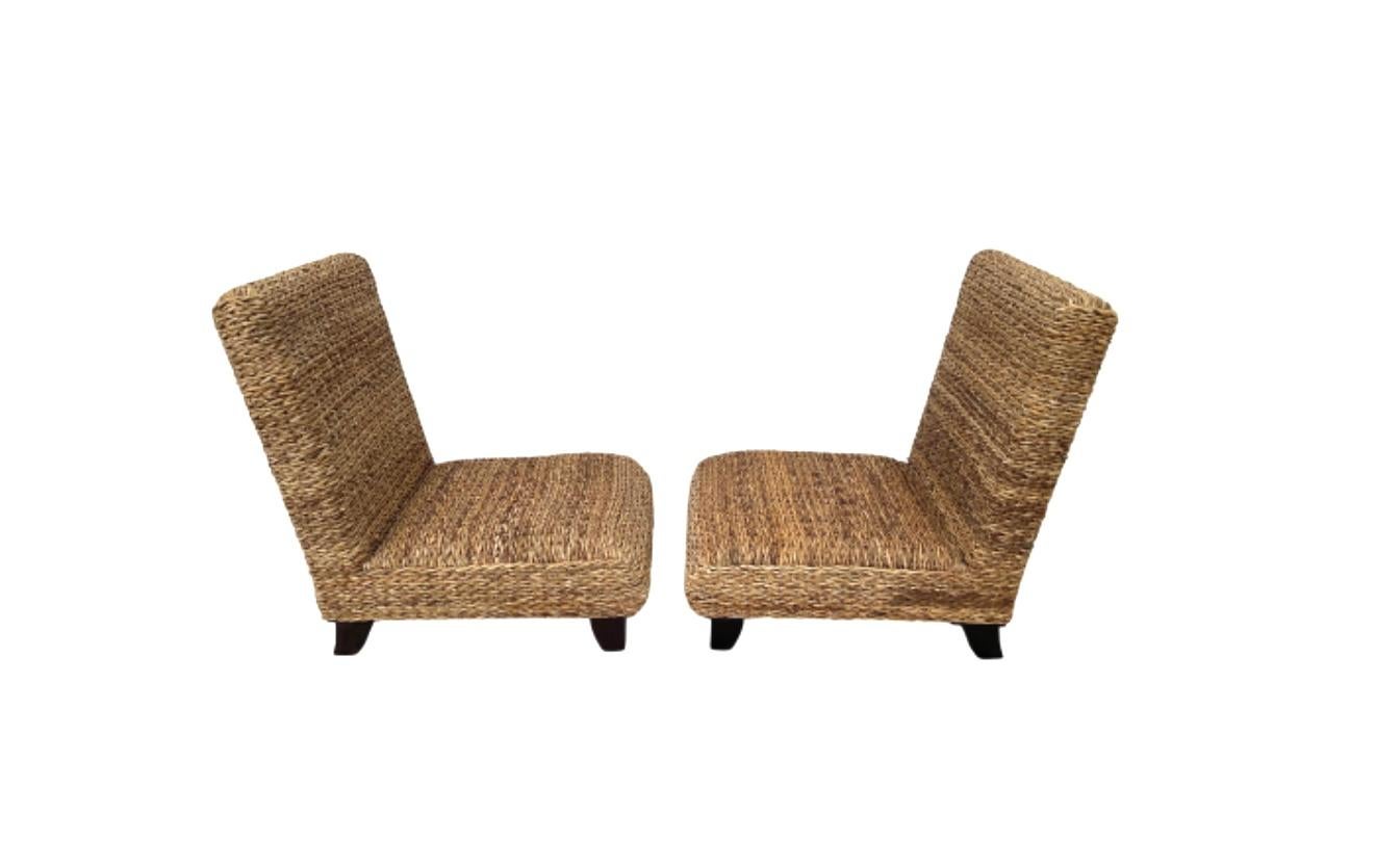 Pair Of Modern Woven Wicker Slipper Chairs For Sale 3