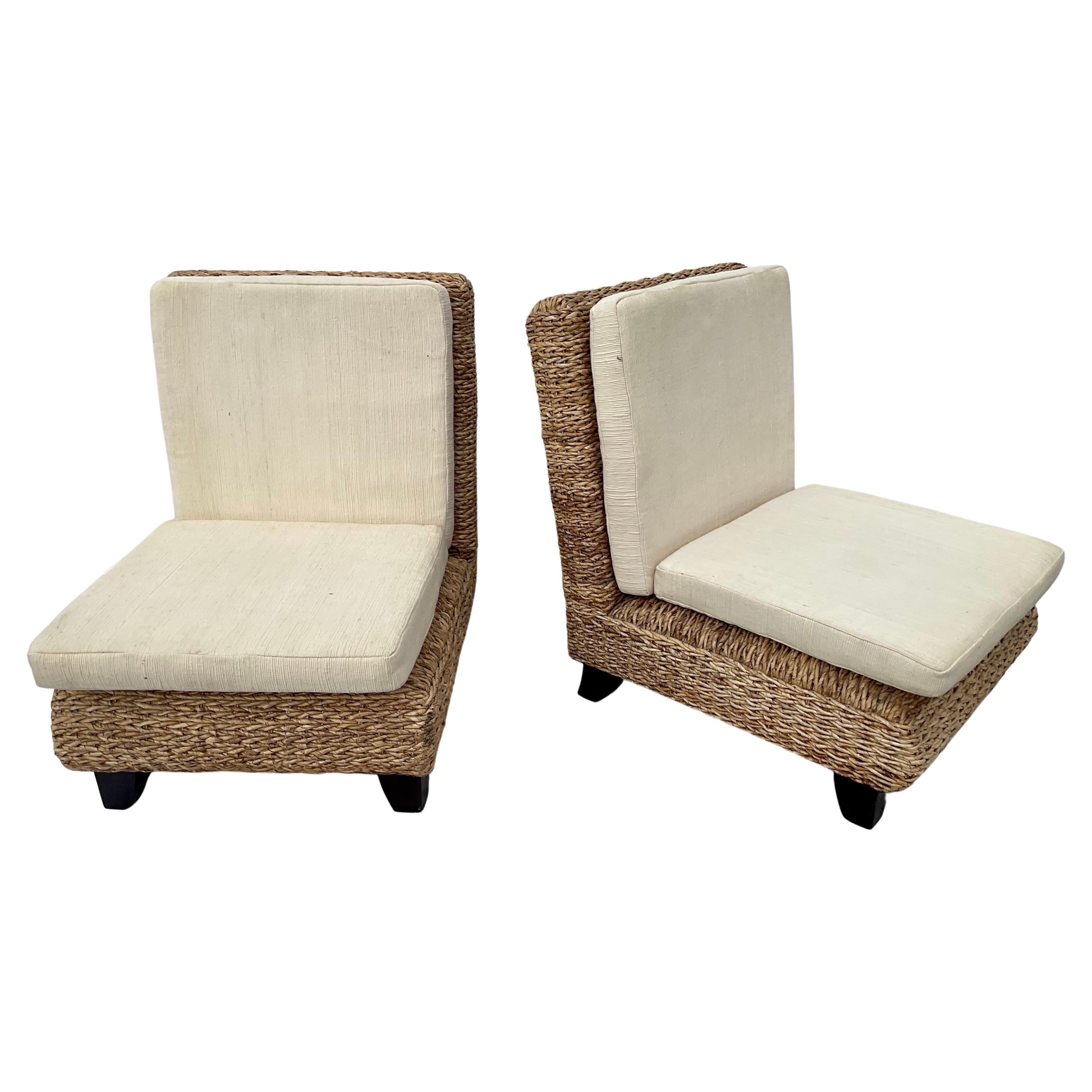 Pair Of Modern Woven Wicker Slipper Chairs For Sale